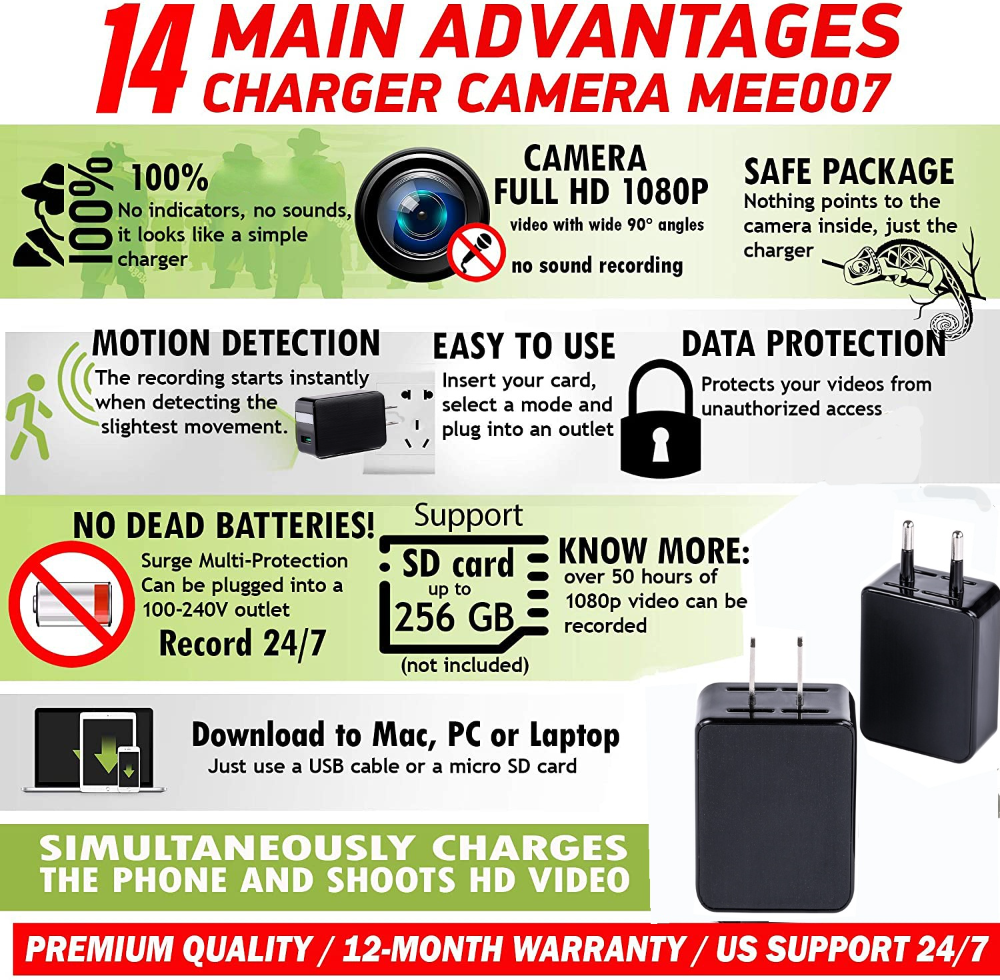 Hidden Night Vision WiFi Charger Camera For Home Security